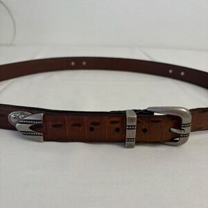 Mens Italian Leather Belt Brown Embossed Golf Buckle Silver Tone Size 44